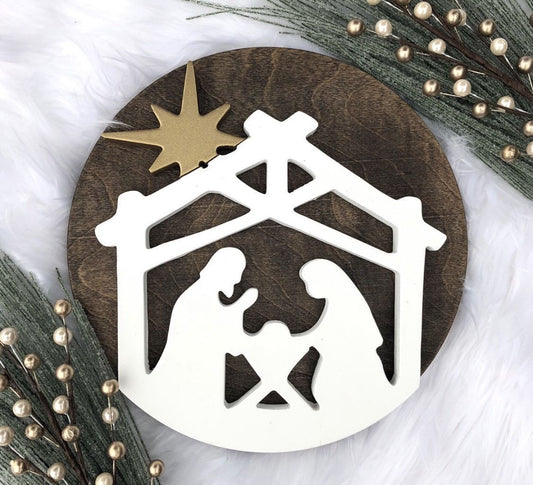 Tablou mare rotund din lemn – scena Nașterii Domnului Iisus | CadouriPersonalizate.Online